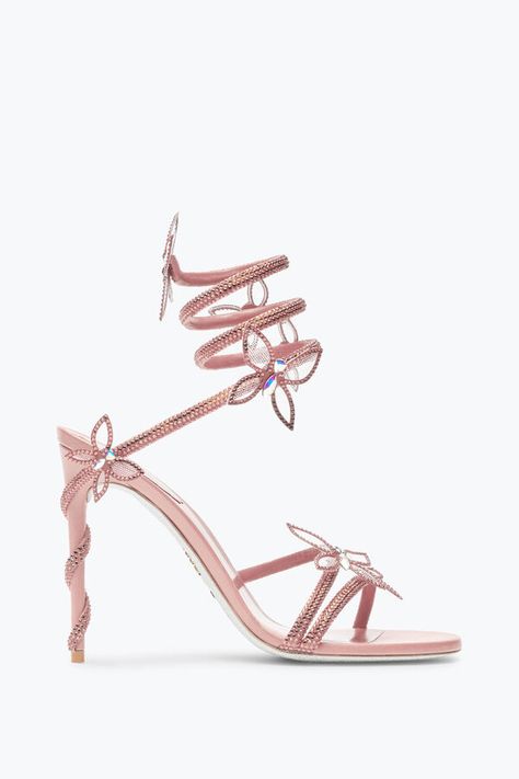 Jeweled Margot Pink Powder Butterfly Sandal 105 | Rene Caovilla® Elegant Shoes Heels, Rene Caovilla Shoes, Butterfly Heels, Butterfly Sandals, Snake Heels, Heels Aesthetic, Pink Powder, Satin Hands, Jeweled Sandals