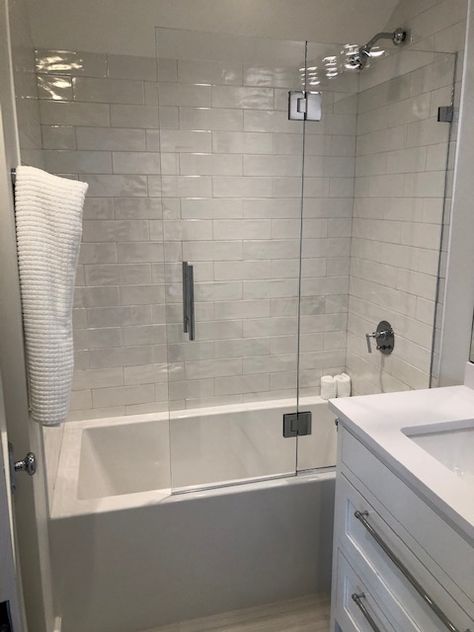 Simple Bathroom Remodel With Tub Shower Combo, Master Bath Tub Shower Combo, Small Bathroom Remodel With Tub Layout, Alcove Bathtub Ideas, Small Master Bath Ideas, Tub Bathroom Ideas, Tile Around Bathtub, Bathroom Tub Remodel, Small Full Bathroom