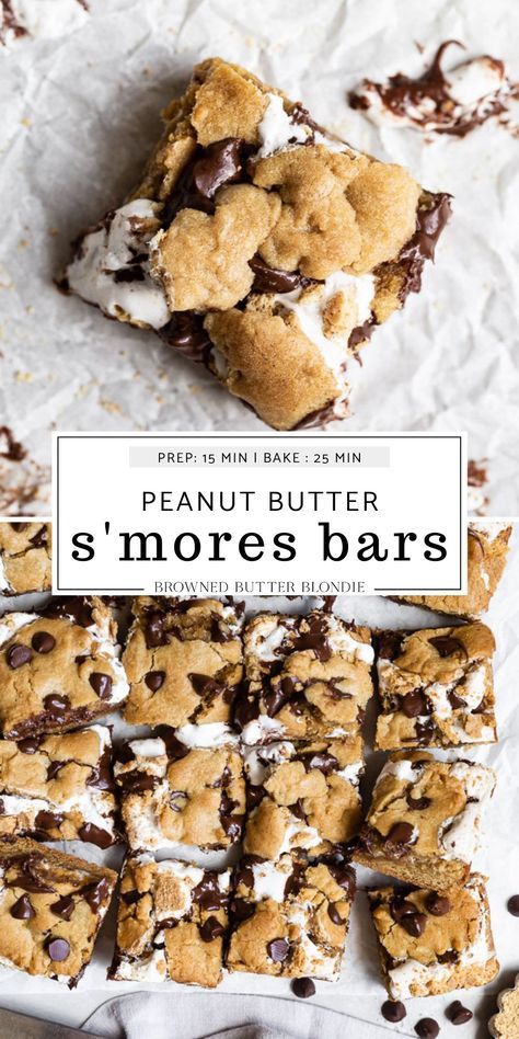 Six Layer Peanut Butter S’mores Bars, Peanutbutter Smore Bars, Peanut Butter S'mores Bars, 6 Layer Peanut Butter S’mores Bars, Summer Desserts Easy Bars, Peanut Butter S’mores Bars, Peanut Butter Smores Brownies, S’more Blondies, Summer Bars Recipes