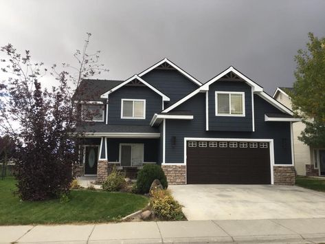 Navy House With Black Trim, Navy Blue House With Black Trim, Midnight Blue Exterior House, Blue House Black Garage Door, Navy Blue House Exterior Black Trim, Hale Navy Exterior House, Blue House Black Trim, Navy Blue House Exterior, Navy House Exterior