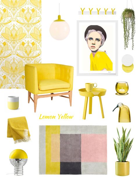 Moodboard Yellow, Summer Home Decor Ideas, Yellow Moodboard, Colour Moodboard, Moodboard Interior Design, Yellow Furniture, Minimalist Living Room Design, Neutral Furniture, Interior Color Schemes