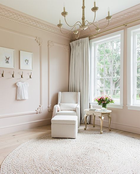 Champagne Paint Color Bedrooms, Light Blush Wall Color, Champagne Pink Wall Color, Pink Cream Tan Bedroom, Light Pink Office Walls, Boutique Paint Color Ideas, Pink Walls And Trim, Neutral Pink Nursery Paint, Pink Crown Molding Wall