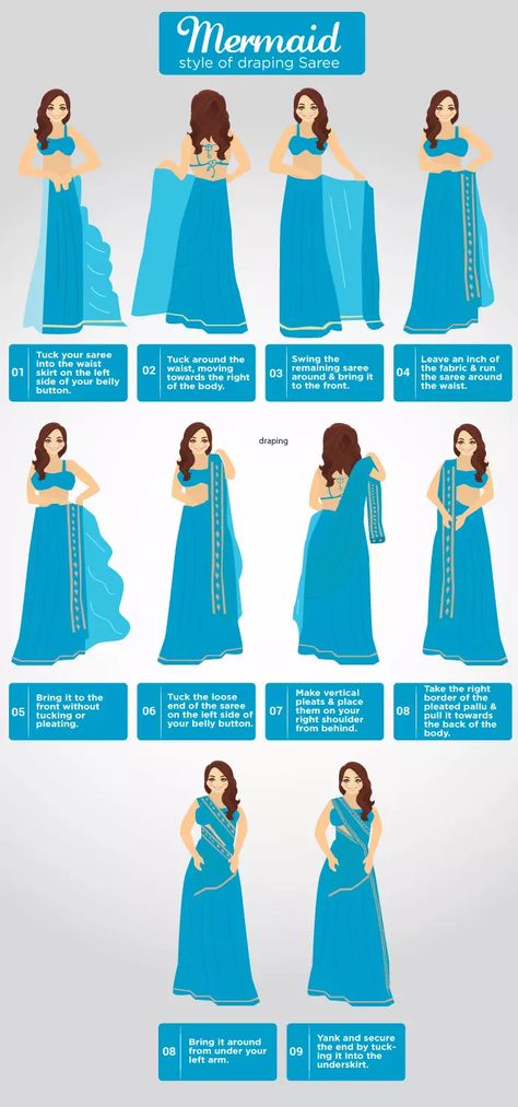 Mermaid style saree draping Wedding Indian Dress For Women, Different Saree Draping Styles, Wedding Indian Dress, How To Wear A Sari, Indian Dress For Women, Lehenga Style Saree, Bengali Saree, Indian Dresses For Women, Saree Wearing