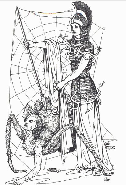 Athena and Arachne illustration by Edouard Sandoz from Olivia E. Coolidge's Greek Myths 1949 #vintage #spider #mythology Athena And Arachne, Ovid Metamorphoses, Greek Pantheon, Greek Gods And Goddesses, Greek And Roman Mythology, Athena Goddess, Roman Mythology, Greek Art, Greek Myths