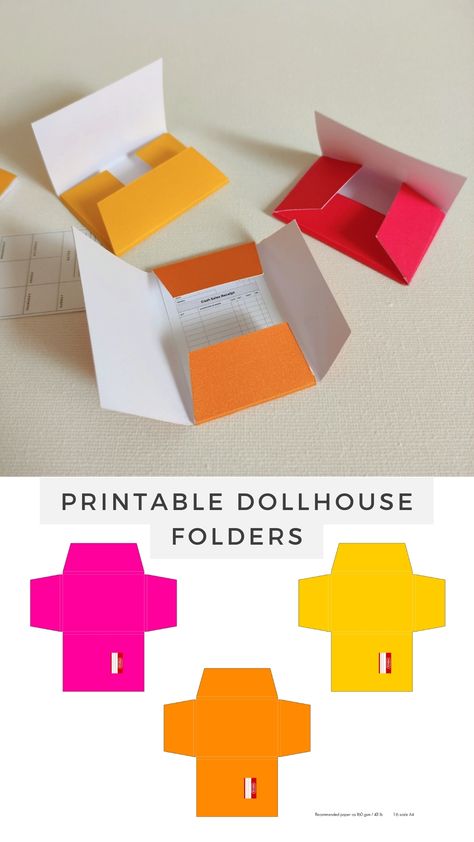 Create your own miniature file folders in 1/6 and 1/12 scale with this printable PDF template. The template also includes printable decorative insert pages and requires no glue, offering a simple method to elevate the look of your dollhouse. Just print, cut, and fold along the marked lines to assemble this miniature model. Choose from six color options to personalize your creation. Paper Printable Crafts, Printable Paper Toys Templates, Printable Dollhouse, Waterfall Card, Paper Toy Printable, Room Box Miniatures, Paper Dolls Diy, Paper Toys Template, Diy Doll Miniatures