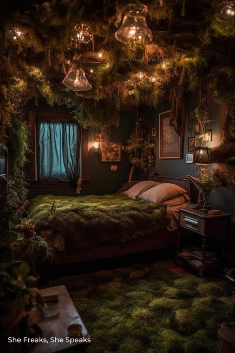 Dark Fairy Decor, Mushroomcore Bedroom, Rainforest Bathroom Ideas, Lotr Bedroom, Dark Cottagecore Room, Moss Bedroom, Rainforest Room, Forest Themed Bedroom, Korean Bedroom