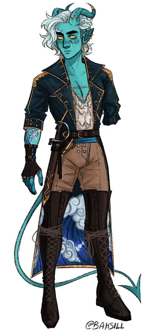 Sailor Outfit Drawing Reference, Tiefling Sailor, Dnd Triton Character Design, Navy Character Design, Tiefling Outfit, Christmas Dnd Character, D&d Food Ideas, Spelljammer Characters, Male Pirate Oc