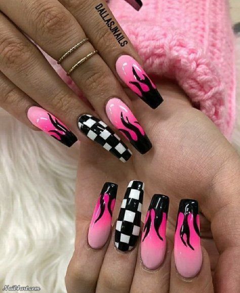 Loving, living, breathing these nails Pink Flames, Checkered Nails, Nagel Tips, Black Nail Designs, Nail Swag, Black Nail, Nails Pink, Acrylic Nail Art, Coffin Nails Designs