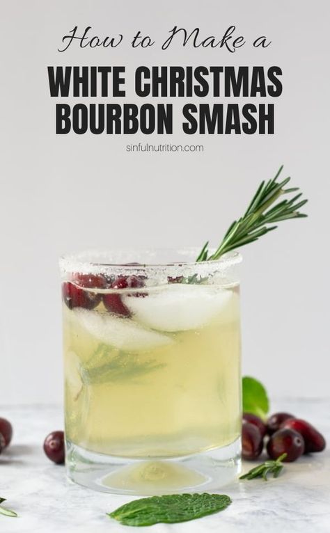 This White Christmas Bourbon Smash cocktail recipe is the perfect holiday drink! Made with bourbon, lime juice, fresh mint, and rosemary, this recipe will get you in the holiday spirit! | @sinfulnutrition #sinfulnutrition #bourboncocktail #christmascocktail #holidaydrinks Bourbon Smash Cocktail, Bourbon Drinks Recipes, Christmas Cocktail Recipes, Christmas Drinks Alcohol Recipes, Bourbon Cocktail Recipe, Christmas Drinks Recipes, Bourbon Smash, Christmas Drinks Alcohol, Bourbon Recipes