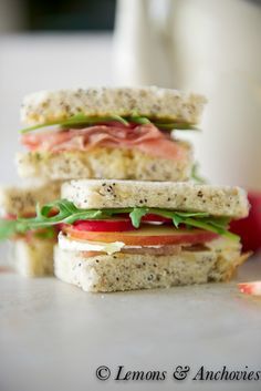 Prosciutto, Apple, Radish, Arugula and Brie Tea Sandwiches with Sage Butter: Lemons & Anchovies Apple And Brie, Tea Sandwich, Tea Party Sandwiches, Tea Sandwiches Recipes, English Tea Party, Afternoon Tea Recipes, Sage Butter, Party Sandwiches, Tea Party Food