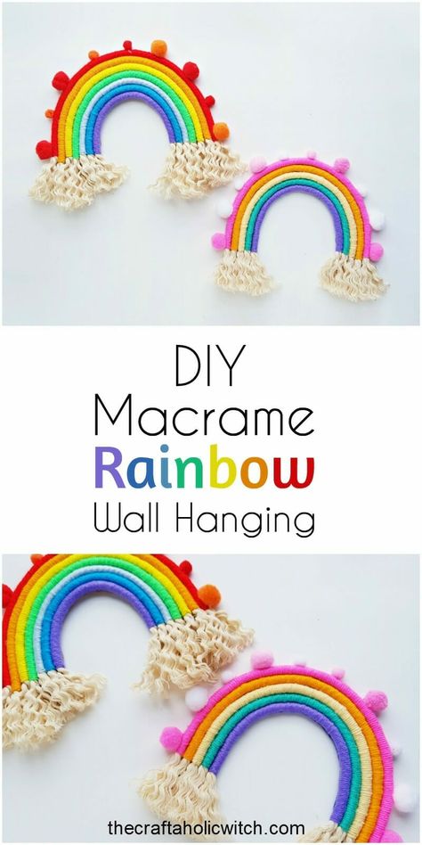 how to make macrame rainbow wall hanging Kids Wall Hanging, Macrame Rainbow Wall Hanging, Rainbow Craft, Rainbow Diy, Weekend Crafts, Macrame Rainbow, Extra Yarn, Rainbow Wall Hanging, Rainbow Crafts