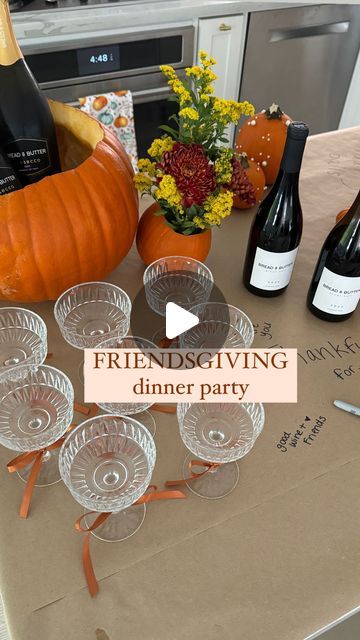 Nicolle Love | Cheese, Wine, Recipes & Dinner Parties on Instagram: "Comment MENU and I will send you the editable invitation, menu & links to everything I used 🧡🍂 

This Pumpkin & Prosecco themed Friendsgiving dinner party is a great way to bring your friends together for laughs, memories, good wine & food🤗

Even though hosting can be stressful, your wine pairings should be easy! That’s why my go to is @breadandbutterwines #ad21+🥂 their Prosecco & Pinot Noir is always a favorite for fall- delicious & uncomplicated! 

This is your sign to host Friendsgiving this year & get everyone to bring their favorite Thanksgiving side dish! Is such a fun way to gather around and be thankful. 

SAVE so you can easily recreate this dinner party and follow @convinoboard for next months dinner party! Pumpkins And Prosecco Party, Friendsgiving Ideas Decorations, Host Friendsgiving, Friendsgiving Dishes, Themed Friendsgiving, Friendsgiving Theme Ideas, Friendsgiving Dinner Party Decor, Thanksgiving Dec, Thanksgiving Hosting