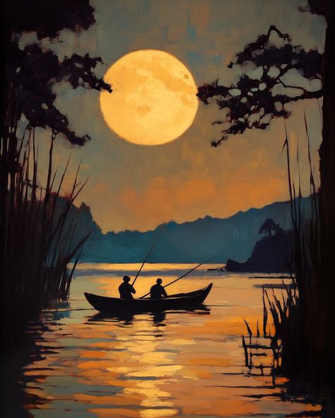 Sunset Silhouette Painting, Boat Painting Acrylic, Beautiful Scenery Paintings, Beautiful Scenery Drawing, Colorful Canvas Art, Circle Painting, Watercolor Architecture, Dream Painting, Silhouette Painting