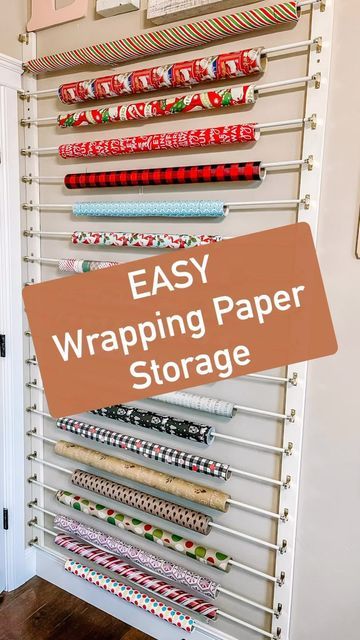 Wrapping Paper Storage Behind Door, Wrapping Paper Hanging Storage, Wrap Paper Storage Ideas, Hanging Wrapping Paper Storage, Wrapping Paper Organization Diy, Wrapping Tissue Paper Storage, Horizontal Wrapping Paper Storage, Wrapping Paper Storage Closet, Wrapping Paper Cabinet