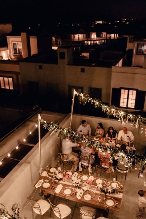 Twinkle lights will add a dreamy + magical touch to any reception | Image by Kayla Nicole Photography Rooftop Wedding Reception, Rooftop Event, Sand Ceremony Wedding, Cozy Wedding, Seaside Fl, Rooftop Party, Terrace Decor, Wedding Sand, Teenage Room