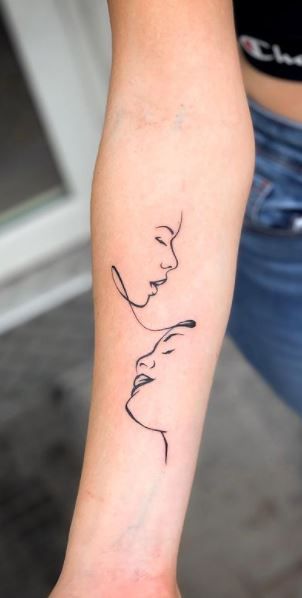 Behind The Ear Sister Tattoo Ideas, Sister Outline Tattoo, Sibling Silhouette Tattoo, Delicate Sister Tattoos Simple, Sisters Hugging Tattoo, Tattoo To Get For Your Sister, Matching Sister Tattoos For 2 Meaningful, Sister Silhouette Tattoo, Sister Friend Tattoos