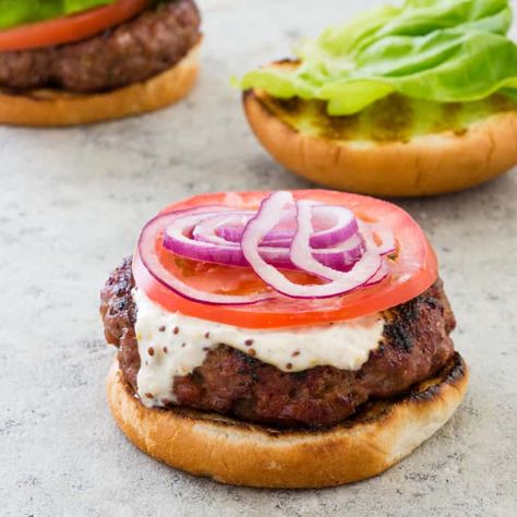 Horseradish Burger Sauce | Cook's Country Batch Meals, Cooks Country Recipes, Easy Burgers, Donut Toppings, Mustard Recipe, Cookie Toppings, Horseradish Sauce, America's Test Kitchen Recipes, Grilled Burgers