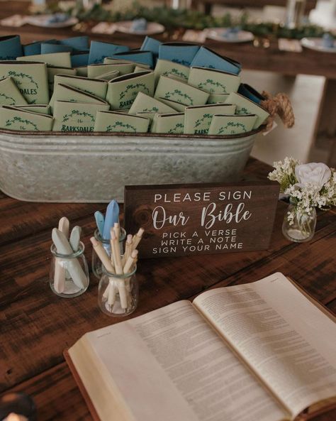 ✨Wedding Tip Wednesday✨ Let your guest share their favorite Bible verse with you!! Have a Bible as your sign-in book!! You can have guest highlight their favorite verse and sign their name beside it. This gives you sweet memory to look back on. You will be able to pull it out after the honeymoon and see what verses each of your guest highlighted💍🤍✨💌 #WeddingTipWednesday #sign-in Wedding Bible Guest Book Sign, Bible As Guest Book Wedding Ideas, Highlight Favorite Bible Verse Wedding, Wedding Guest Book Ideas Bible, Please Sign Our Bible Wedding, Sign Our Bible Wedding, Bible Signing At Wedding, Guest Book Bible, Wedding Bible Guest Book