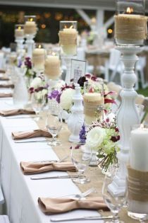 Casual yet elegant Burlap Table Decorations, Frugal Wedding, White Candle Sticks, Shower Inspiration, Rustic Glam, Burlap Wedding, Long Table, Beautiful Table, Decoration Table