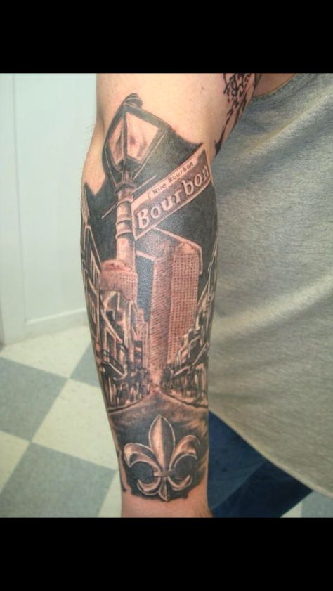 Coolest Nola tattoo probably EVER!!! Nola Inspired Tattoos, Louisiana Tattoo Sleeve, New Orleans Tattoo Sleeve, New Orleans Themed Tattoos, 504 Tattoo Ideas, New Orleans Inspired Tattoo, Louisiana Tattoo Ideas Men, Nola Tattoos Ideas, Louisiana Tattoos