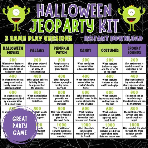 Halloween Ice Breaker Games, Halloween Jeopardy Game For Kids, Halloween Party Diy Games, Halloween Games For School Party, Halloween Jeapordy, Halloween Jepordy, Halloween Family Games, Halloween Party Game Ideas For Adults, Halloween Jeopardy