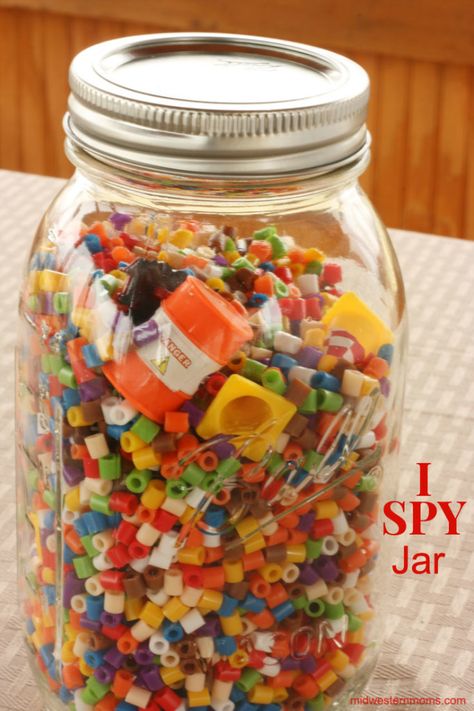 I love seeing my son's face light up as he searches this I Spy Jar for all the hidden items. See how to make your own I Spy Jar or Find It Jar. Mason Jar Crafts For Kids, I Spy Jar, Jar Crafts For Kids, Spy Books, Jar Games, I Spy Books, Discovery Bottles, Timmy Time, Crafts Simple