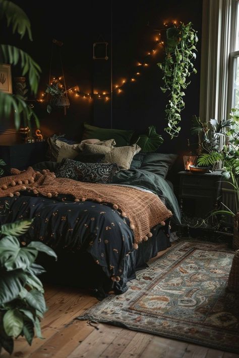 Black Room With Plants Aesthetic, Black Walls Room Aesthetic, Dark Aesthetic Bathroom Decor, Dark Bedrooms Decor, Dark Woodsy Bedroom, Western Gothic Aesthetic Bedroom, Dark Home Decor Bedroom, Dark Colored Bedrooms, Dark Boho Home Decor