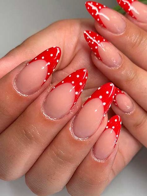 Polka Dots Red French Manicure Red French Tip Nails, Nails Board, Red French Tip, Red Ombre Nails, Polka Dot Nail Designs, Polka Dot Nail Art, Classic Nail, Long Almond, Graduation Nails