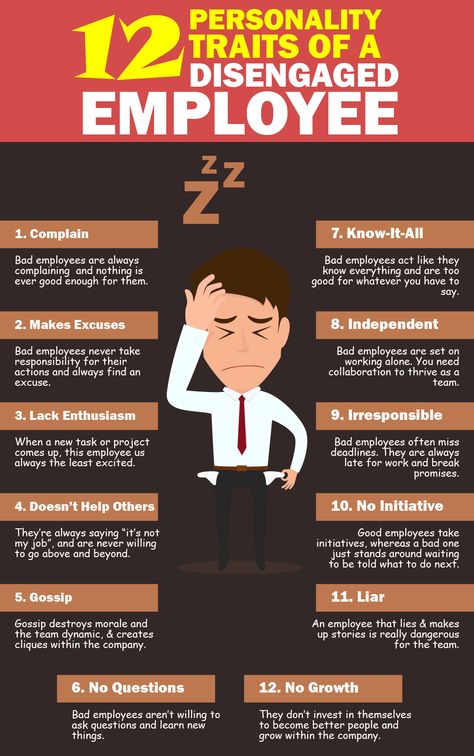 Let’s face it, we all have been around (or have been) someone in a workplace who just doesn’t want to be there. By definition disengaged employees are people who don’t care for their company and have no intention of helping it grow; so they can be quite harmful if they’re within your office. If you’re looking for a couple of personality traits for these types of colleagues have, we narrowed it down to these: Employee Infographic, Netflix Guide, Disengaged Employee, Difficult Employees, Employee Performance Review, Employee Motivation, Employee Performance, Business Excellence, Good Leadership Skills