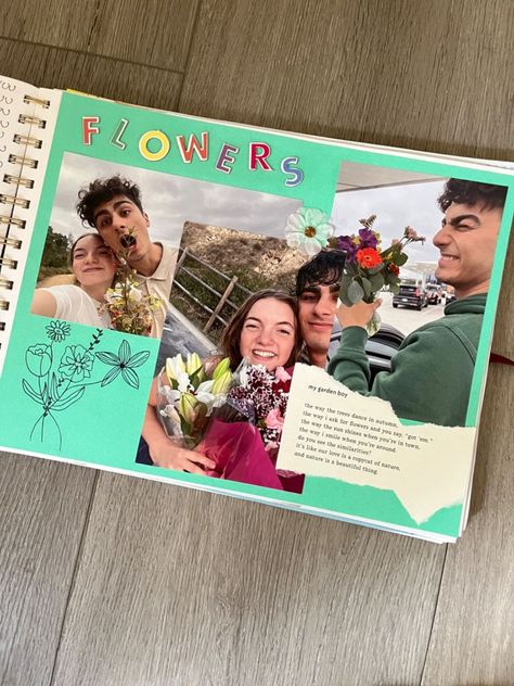 Flowers scrapbook page for boyfriend aesthetic Scrapbook Ideas For 1 Year Anniversary, Relationship Scrapbook Ideas Boyfriends Pages, Relationship Scrapbook Pages, Couples Scrapbook Pages, Boyfriend Book Pages, Scrapbook For Girlfriend Ideas, Scrapbook Pages For Bf, Front Of Scrapbook Ideas, Scrapbook Inspo Aesthetic Boyfriend