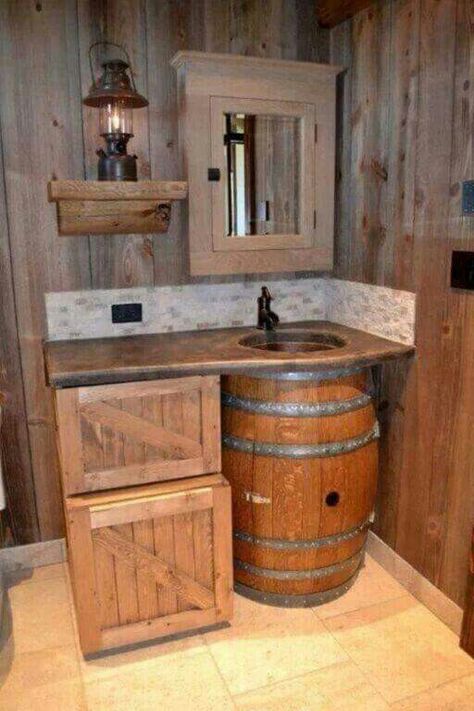 Country Bathroom Designs, Barrel Sink, Cabin Bathrooms, Rustic Bathroom Designs, Barrel Furniture, Decor Ikea, Cafe Ideas, Country Bathroom, Rustic Bathrooms