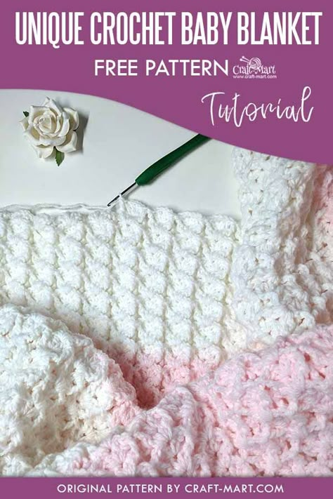 Unique Crochet Baby Blanket Pattern - learn this DIY crochet baby blanket pattern for your own heirloom baby blanket! Made with easy 3-D clusters, this unique crochet cluster stitch is as beautiful as it is easy. You can use color blocks or single color yarn for several crochet baby blanket patterns. #uniquecrochetpattern #uniquecrochetbabyblanketpattern #crochetbabyblanketpattern Unique Crochet Baby Blanket, Easy Crochet Baby Blanket Free Pattern, Crochet Baby Blanket Sizes, Unique Crochet Blanket, Crochet Baby Blanket Tutorial, Crochet Blanket Sizes, Crochet Cluster Stitch, Crochet Baby Blanket Beginner, Bernat Baby Blanket Yarn