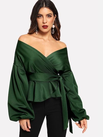 Product name: Lantern Sleeve Surplice Peplum Blouse at SHEIN, Category: Blouses Blouse Peplum, Plus Size Mini Dresses, Scarf Dress, Rock Chic, Outfit Trends, Elegant Blouses, Peplum Blouse, Plus Size Maxi Dresses, Lantern Sleeve