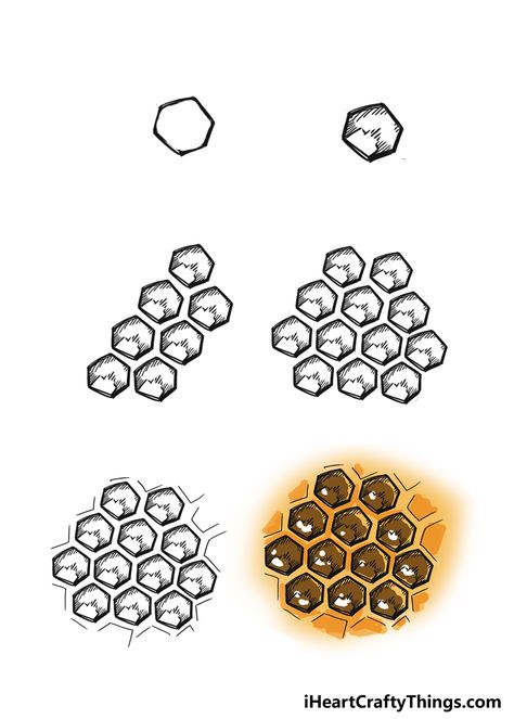 Honeycomb Drawing, Honeycombs Drawings, Draw A Hexagon, Sweet Drawings, Draw Two, Hexagon Design, Drawing Practice, Natural Phenomena, Colored Pens