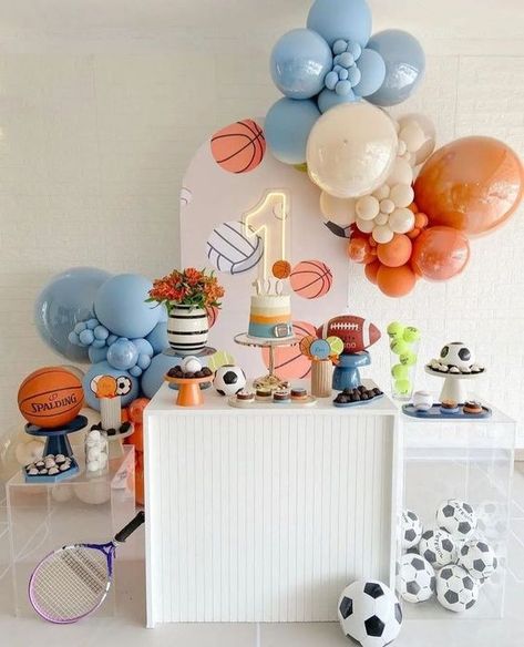 Sports first birthday theme and decorations Birthday Theme Ideas For Boys, Sports First Birthday, First Birthday Theme Ideas, First Birthday Themes For Boys, Ball Theme Birthday, Ball Theme Party, First Birthday Theme Boy, Birthday Theme Ideas, 1st Birthday Boy Themes