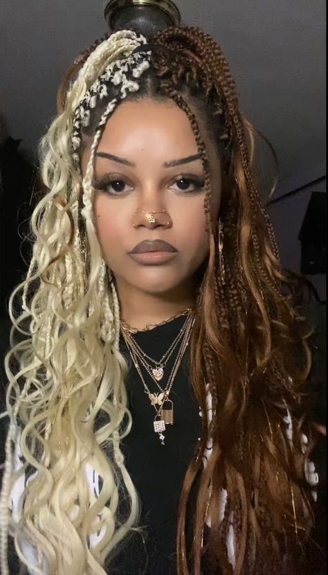 2 Different Color Braids, Boho Braids Color Black Women, Half Blonde Half Brown Box Braids, Half And Half Knotless Braids Color, Split Dyed Hair Braids, Alternative Box Braids Hairstyles, Split Braids Hairstyles, Braids Half Color, Alternative Braids Hairstyles