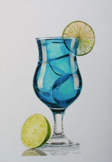 Drink Art Drawing, Food Drawing Tutorial, Color Pencil Art Realistic, Drawing Drinks, Curacao Cocktail, Cocktail Drawing, Curacao Drink, Drink Drawing, Cocktails Drawing