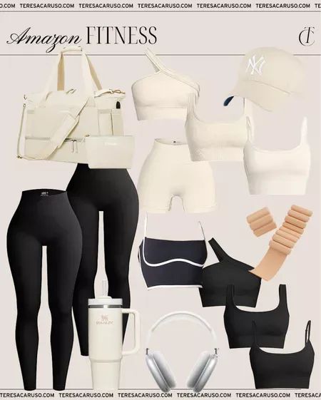 Amazon Gym Sets, Neutral Workout Outfits, Kim Kardashian Sweatpants Outfit, Diy Gym Clothes, White Workout Outfit, Amazon Finds Clothes, Black Workout Outfit, Athleisure Inspo, Gym Fashion Women