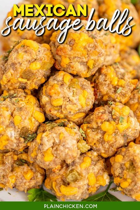 Mexican Sausage Balls - our favorite sausage balls kicked up with taco seasoning and green chiles. Can make ahead of time and freeze unbaked for a quick snack later. Serve with some salsa or queso. SO GOOD! Sausage, cream cheese, green chiles, taco seasoning, and cheese. These things fly off the plate at parties! Also great for breakfast, lunch, dinner, and snacks. We love this easy Mexican appetizer recipe! #appetizer #breakfast #sausage #partyfood Seasoned Sausage Recipe, Appetizers Puff Pastry, Mexican Appetizers Easy, Mexican Sausage, Mexican Appetizer, Sausage Balls Bisquick, Mexican Food Recipes Appetizers, Mexican Party Food, Quick Salsa