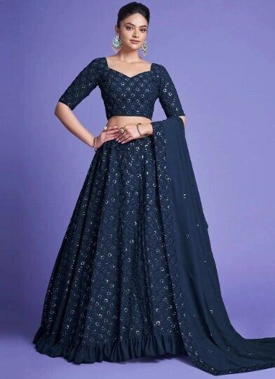 Teal Blue Blouse, Navy Blue Lehenga, Flared Lehenga, Bridesmaid Lehenga, Indian Skirt, Simple Lehenga, Georgette Lehenga, Lehnga Dress, Blue Lehenga