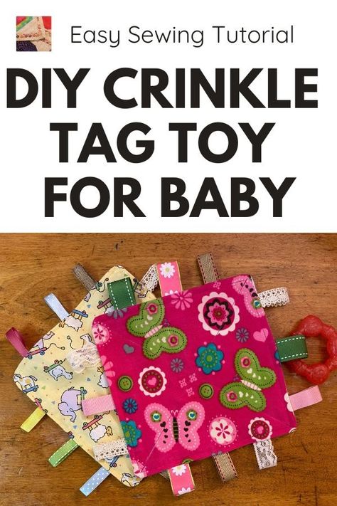 DIY Crinkle Tag Toy for Baby | Needlepointers.com Taggy Toys Free Pattern, Diy Crinkle Toy, Sensory Toys To Sew, Diy Taggie Blanket, Easy Sew Baby Projects, Soft Books For Babies Diy, Hand Sewn Baby Gifts, Homemade Baby Gift Ideas, Sew Baby Toys