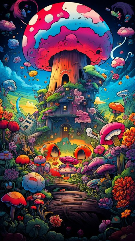 Phone Wallpaper Art Trippy Landscape Wallpaper, Trippy High Wallpaper, Trippy Cartoon Wallpaper, Mushroom Tripping Art Wallpaper, Mushroom Wallpaper Trippy, Magic Mashrum Wallpaper, Physcadelic Wallpaper, Magic Mushroom Wallpaper, Trippy Flowers Drawing