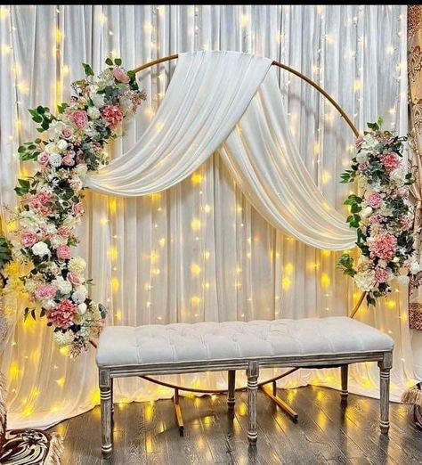 Ring Ceremony Stage, Mehndi Decoration Ideas At Home, Red Wedding Arch, Mehndi Decoration Ideas, Nikkah Decor, Engagement Stage, Haldi Ceremony Decorations, Engagement Stage Decoration, Nikah Decor