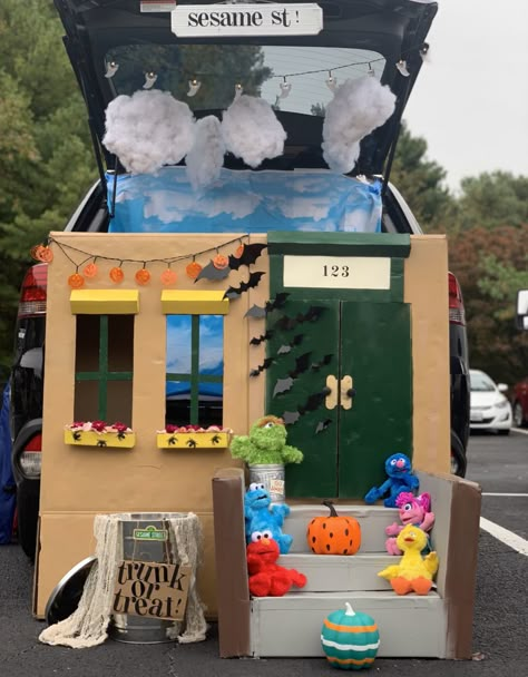 Created the Sesame house, stairs, and clouds for trunk or treat out of cardboard moving boxes Cardboard Trunk Or Treat, Trunk Or Treat High School, Trunk Or Treat For Preschoolers, Kindergarten Trunk Or Treat, Trunk Or Treat House Theme, Elmo Trunk Or Treat Ideas, Family Trunk Or Treat, Trunk Or Treat Ideas Sesame Street, Elmo Trunk Or Treat