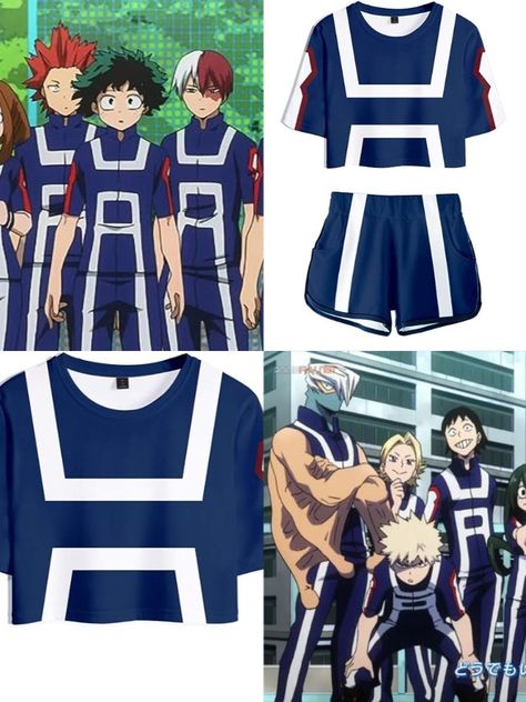 Affordable MHA U.A. High Gym Training Uniform 2 piece set made of polyester and spandex. Comes with crop top and matching shorts. Great for lounging and wearing to anime conventions like Comic Con, Anime Expo, and can even be worn as a Halloween costume. Perfect for MHA themed parties and events. Click on link to view item! Mha Gym Uniform, Mha Uniform, Comic Con Outfits, Top Cosplay, My Hero Academia Cosplay, Women Crop Top, Women Halloween Costume, Anime Expo, Training Clothes