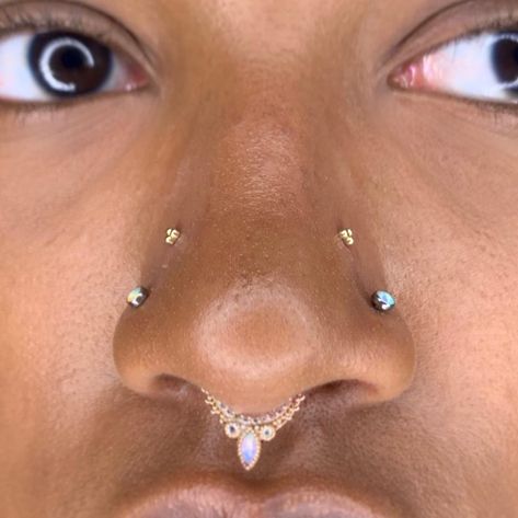 Unique Nostril Piercing, Upper Nostril Piercing, High Nose Piercing, Both Nostrils Pierced, Curated Piercings, High Nostril Piercing, Nostril Piercing, Tooth Gems, Wonderful Friend