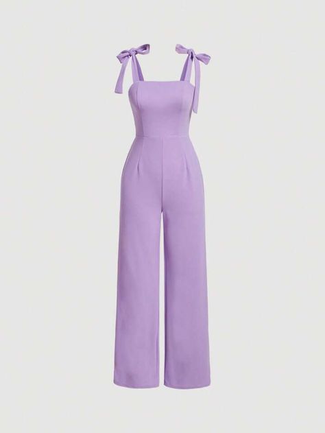 SHEIN MOD Solid Tie Shoulder Cami Jumpsuit | SHEIN USA Purple Clothes Aesthetic, Lavender Clothes, Cute Purple Dress, Shein Jumpsuit, Cute Jumpsuits, Purple Jumpsuit, Neat Casual Outfits, Simple Frock Design, Loose Pullover Sweater