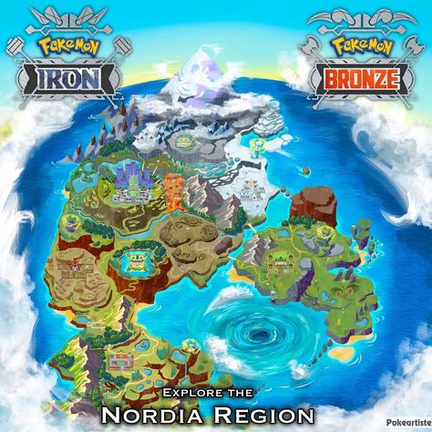 Fakemon Region Map, Pokemon Maps, Vast Landscape, Pokemon Fake, Pokemon Regions, Pokemon Universe, New Pokemon, Animal Figures, Map Art