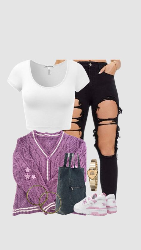 #outfitinspo #purple #rippedjeans #cardigan #newbalance #pink #totebag #sneakers #hoops Ripped Jeans, New Balance, Tote Bag, Purple, Sneakers, Pink