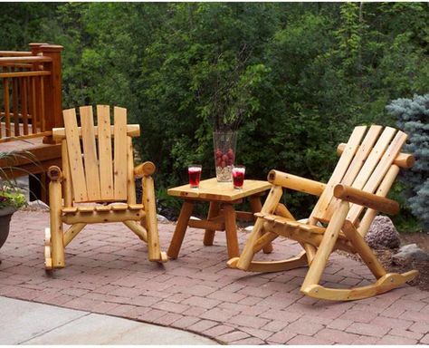 Wooden Rocking Chair: How To Waterproof Rockers - Rocking Furniture Classic Rocking Chair, Log Chairs, Rustic Outdoor Furniture, Cedar Furniture, Cedar Log, Rocking Chair Set, Lawn Chair, Outdoor End Tables, White Cedar